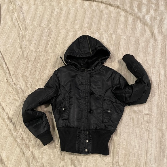 Black Hooded Satin Coat - Picture 2 of 7